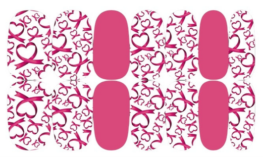 White with Pink Heart Ribbons - Cancer Awareness Nail Wraps