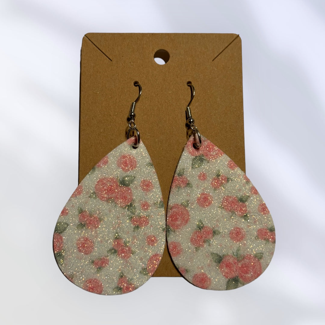 White with Pink Glitter Flowers Teardrop Earrings