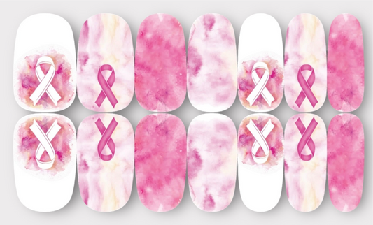 Pink Marble with Pink and White Cancer Ribbons Nail Wraps