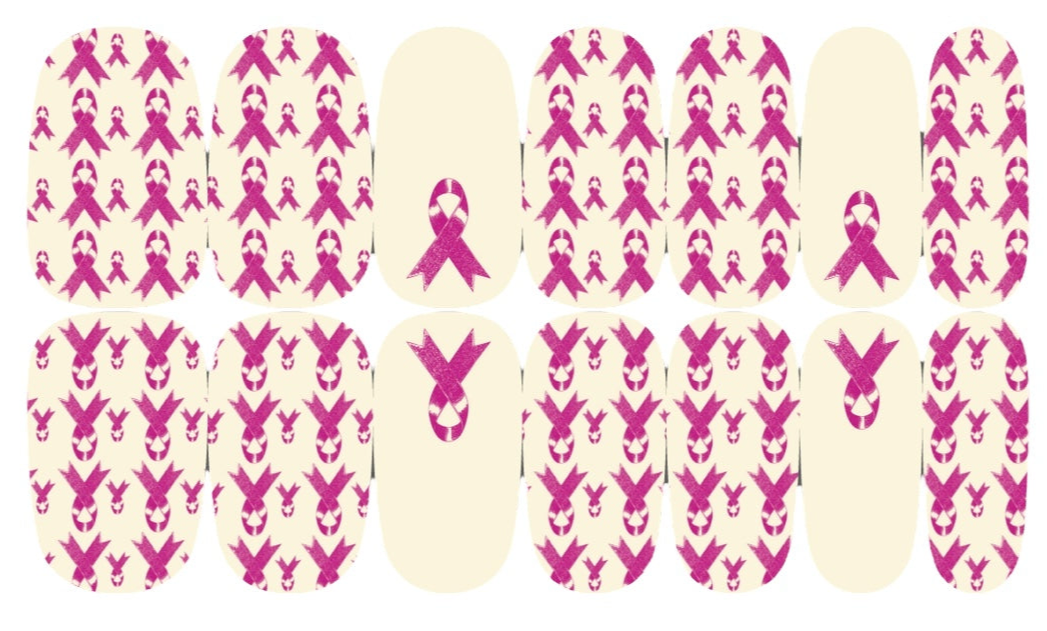 Off White with Pink Ribbons Cancer Awareness Nail Wraps