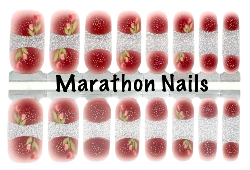Silver Tip Pink Tulips Overlay Nail Wraps