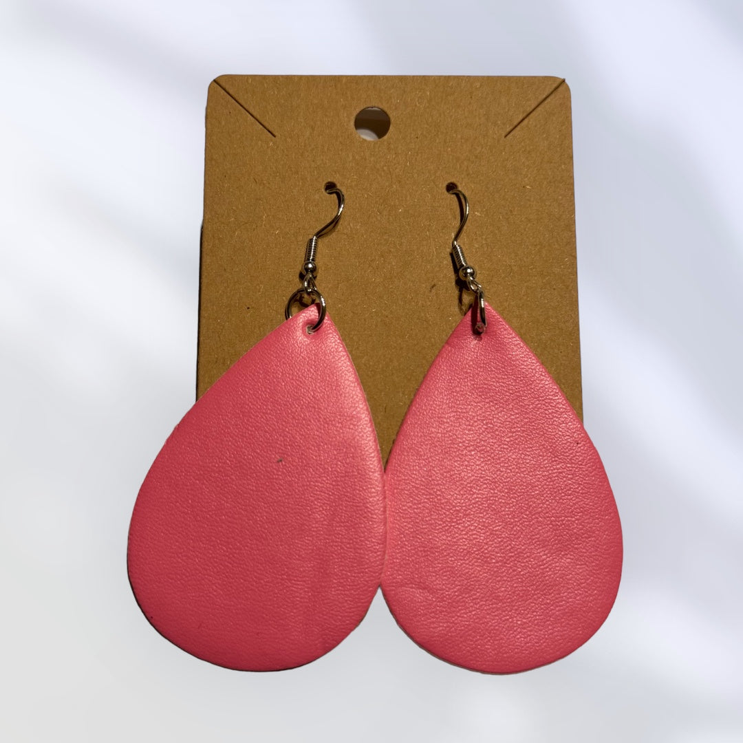 Smooth Pink Faux Leather Teardrop Earrings