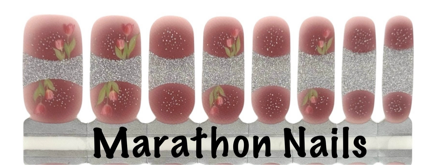 Silver Tip Pink Tulips Overlay Nail Wraps
