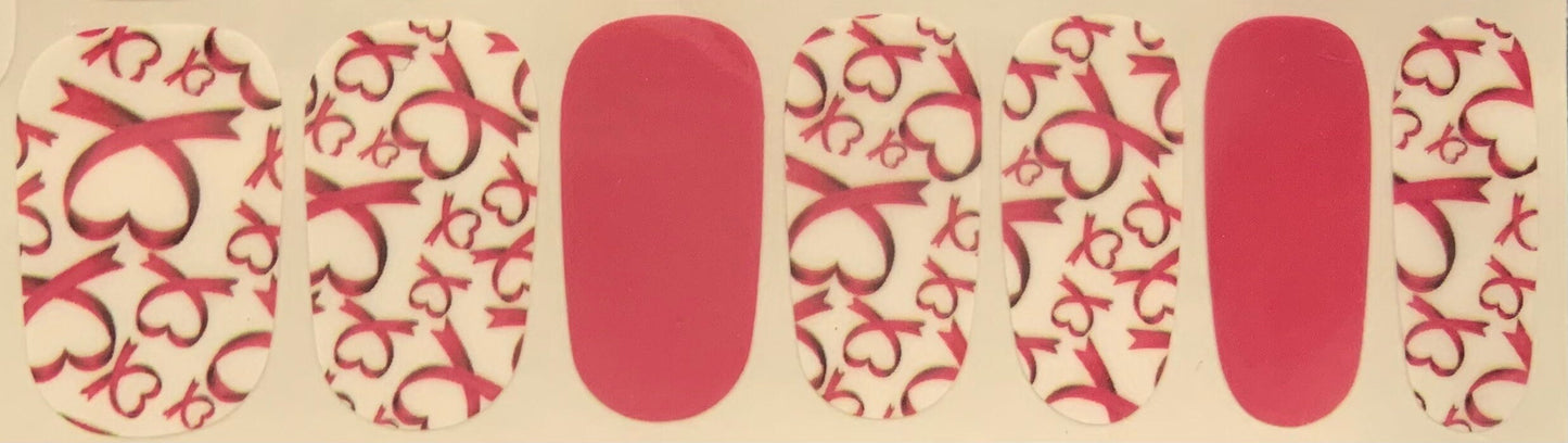 White with Pink Heart Ribbons - Cancer Awareness Nail Wraps